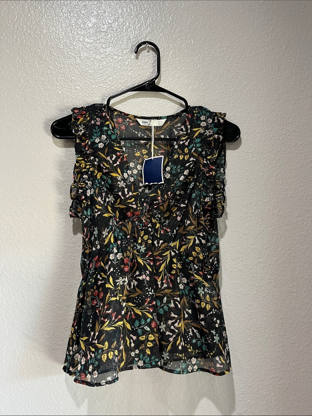 Zara Black Floral Ruffle Trim Camisole Sz M Sheer Lightweight Whimsigoth Boho